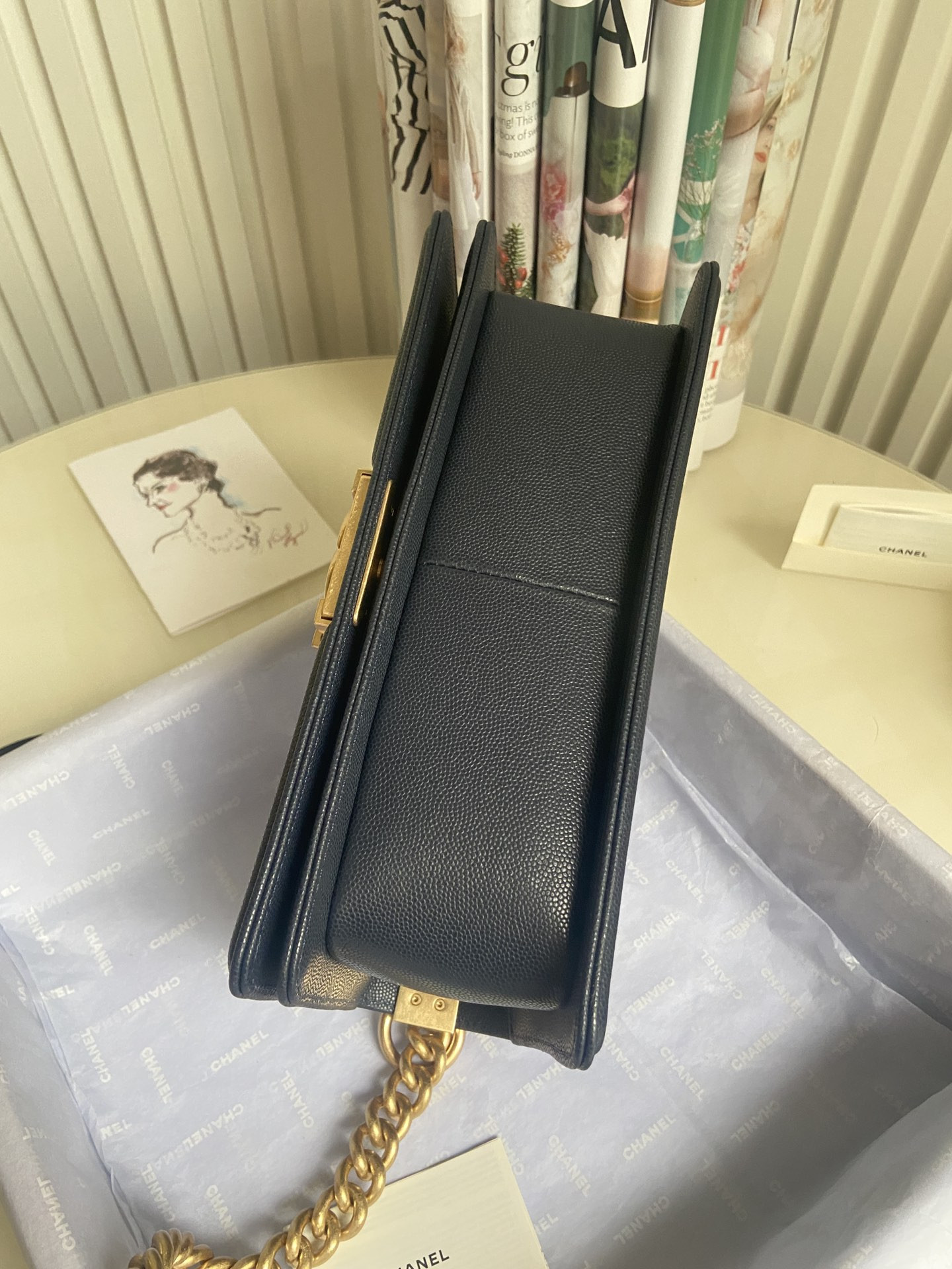 boy Ch*el handbag shiny grained calfskin & gold-tone metal navy 5.9 × 9.8 × 3.5 in