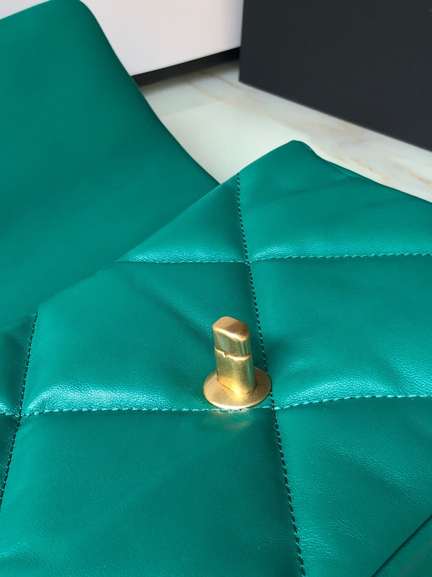 Ch*el 19 handbag shiny leather, gold-tone, silver-tone & ruthenium-finish metal green 6.2 × 10.1 × 3.5 in