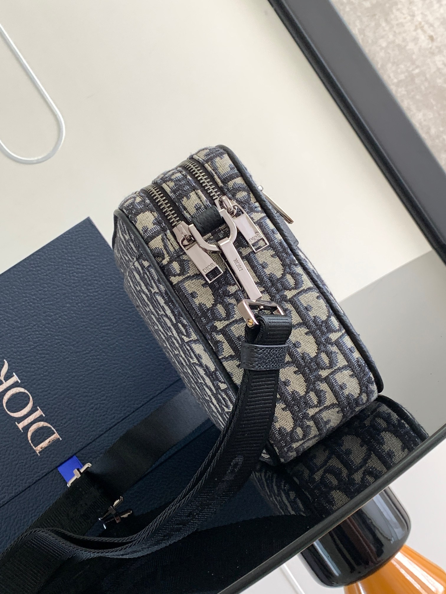 D*or maxi safari bag with strap beige and black D*or oblique jacquard