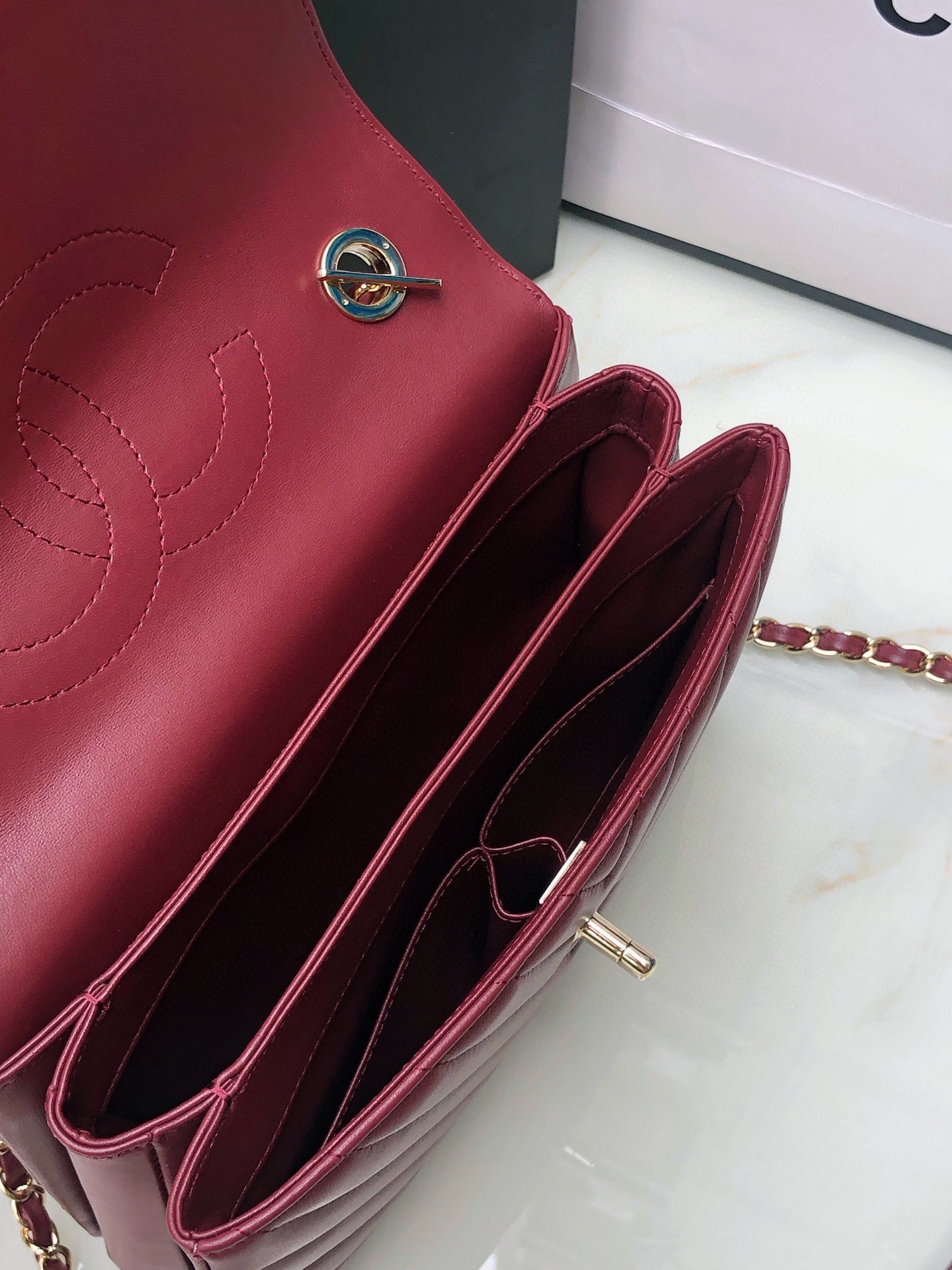 Ch*el flap bag with top handle red 6.6 × 9.8 × 4.7 in