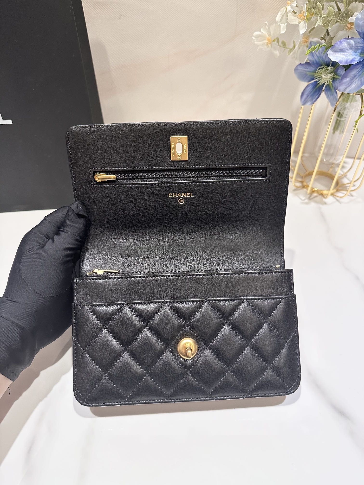 Ch*el classic wallet on chain rhinestone handle 4.8 × 7.5 × 1.4 in